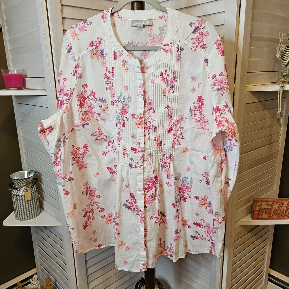 Woman Within Plus Size 1X 22/24, White with Pink Flowers, Button Down Blouse